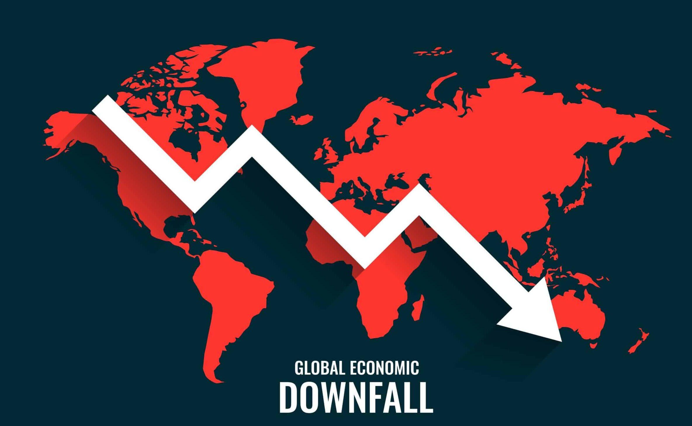 global business downfall with falling arrow and world map